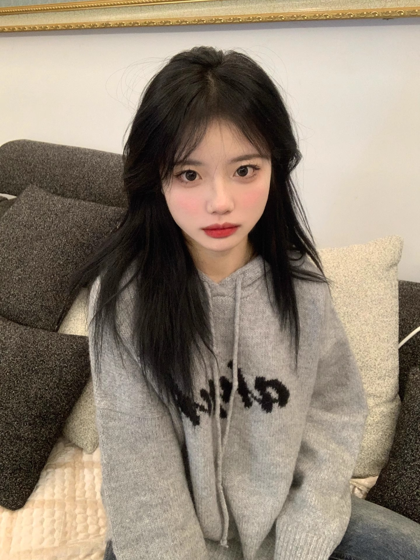 Gray hooded sweater for women spring and autumn 2023 new style lazy style loose national trend letter sweater outer top
