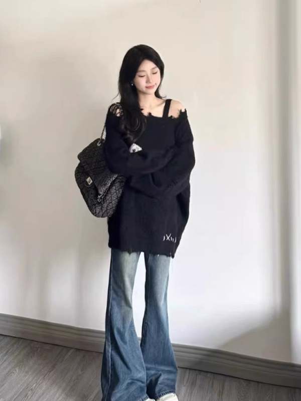 軟糯日系蝴蝶結慵懶風寬鬆毛衣女士秋冬新款設計感破洞針織衫上衣