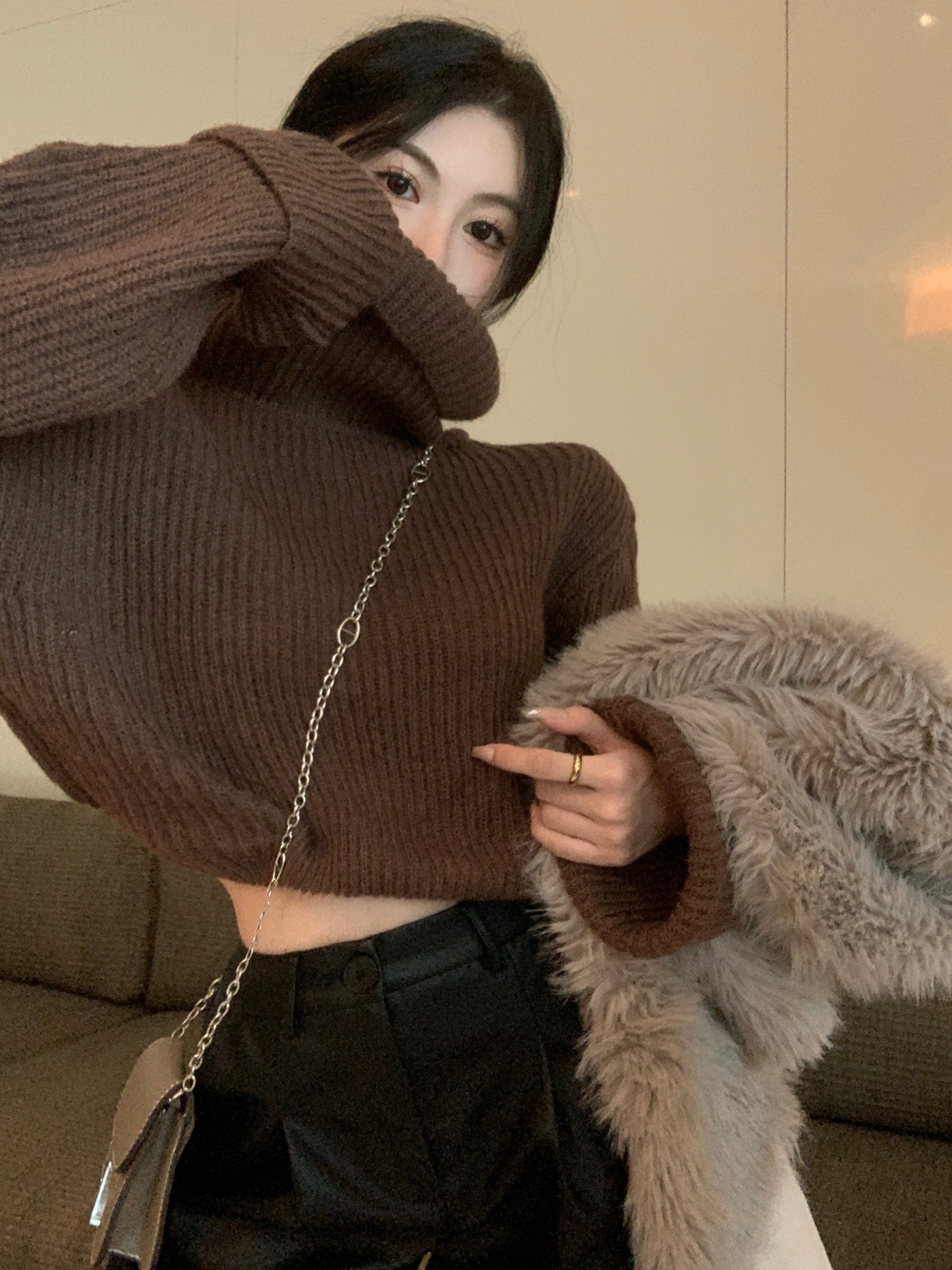 洋氣時髦高領保暖短款毛衣休閒慵懶推推領上衣
