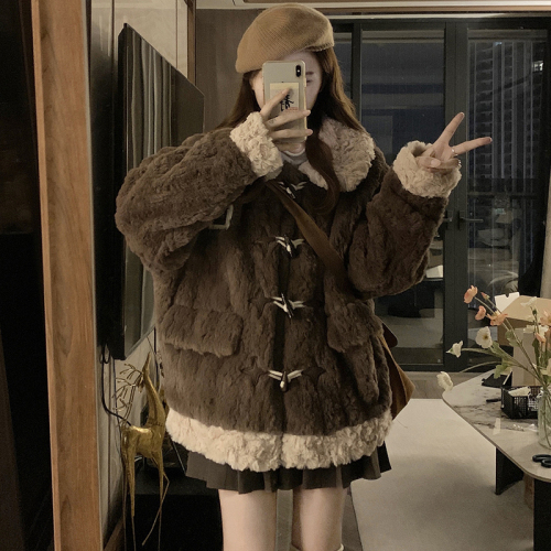 Horn button lamb wool coat for women  winter new young style loose thickened warm plush eco-friendly fur