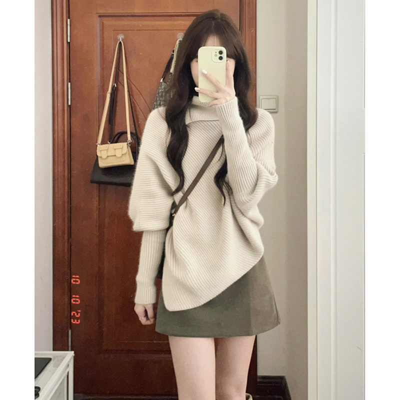 不規則高領毛衣女秋冬新款寬鬆顯瘦高級感軟糯加厚上衣韓系慵懶風