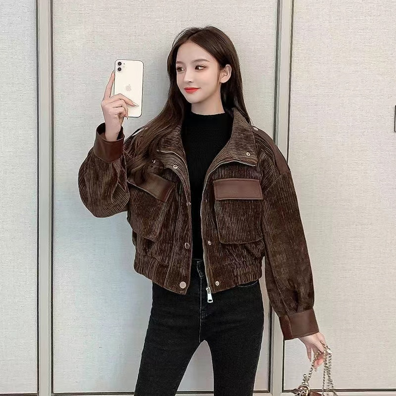 2023 Autumn and Winter Corduroy Jacket Women's Short Loose Hong Kong Style Korean Style Thickened Warm Casual Autumn and Winter Western Style Top
