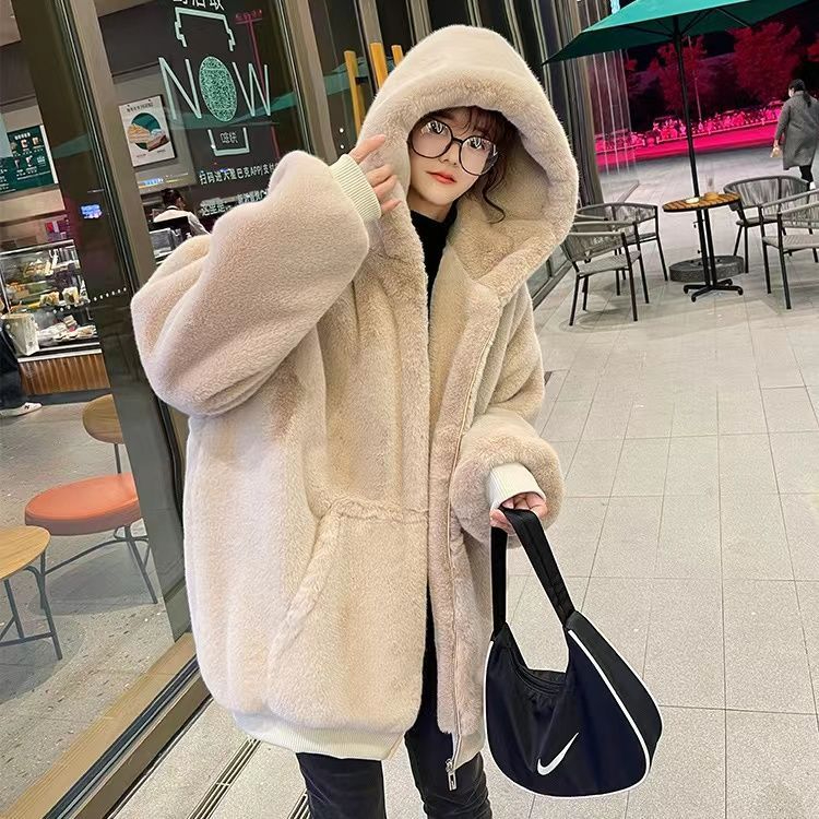 2023 Korean style loose plush velvet coat for women winter imitation rex rabbit fur mid-length thickened hooded coat