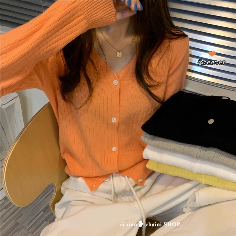 慵懶風小開衫v領長袖針織衫女秋季2023年新款韓版寬鬆顯瘦上衣潮