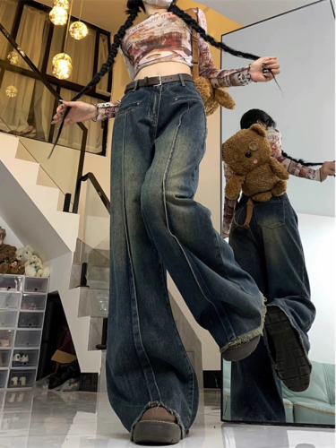 American retro jeans for women in autumn and winter  new high-waisted slim raw edge design loose wide-leg floor-length pants