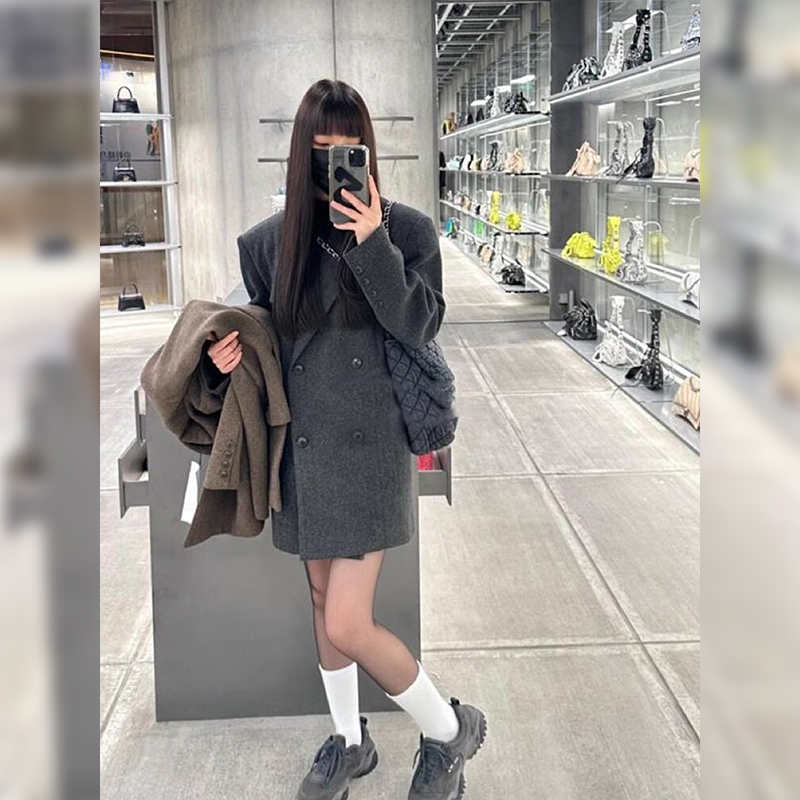 韓系灰色短款西裝2023新款毛呢外套小香風小個子大衣女秋冬高級感