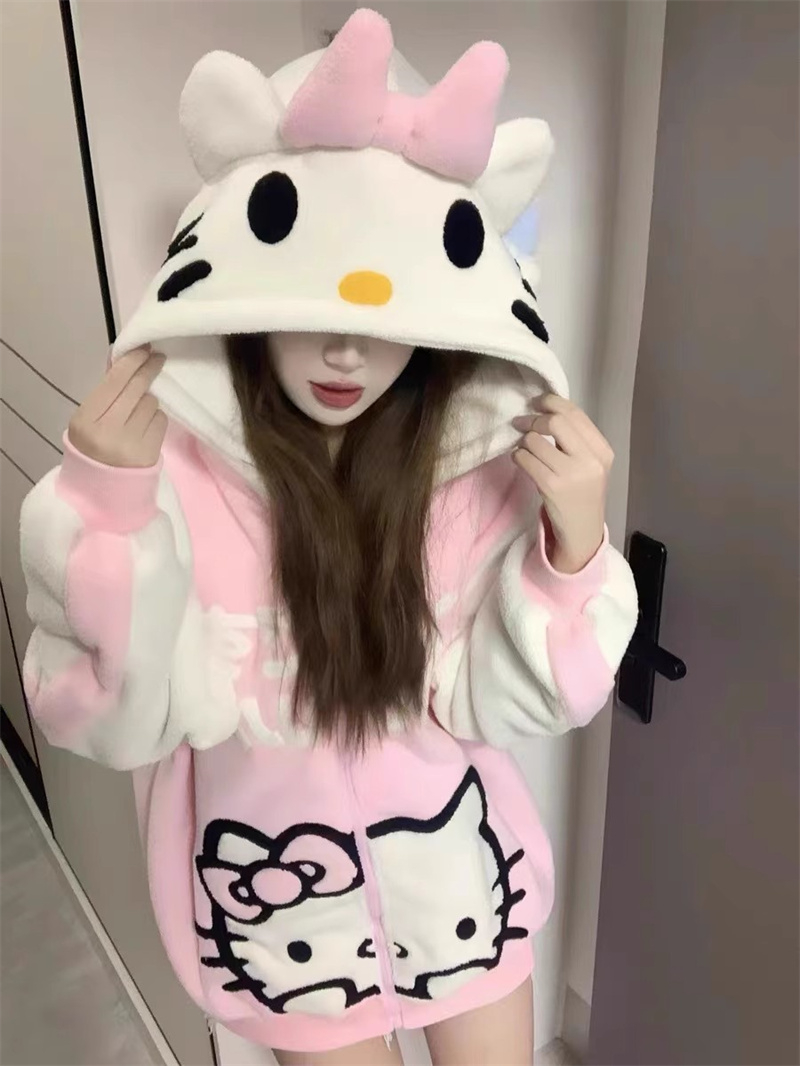 高品質可愛凱蒂貓刺繡連帽衛衣女秋冬季加絨加厚拉鏈外套潮流