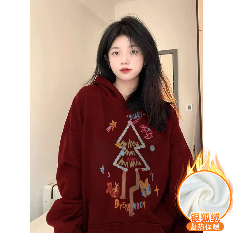 Chinese cotton composite silver fox velvet new autumn and winter hooded sweatshirt for women