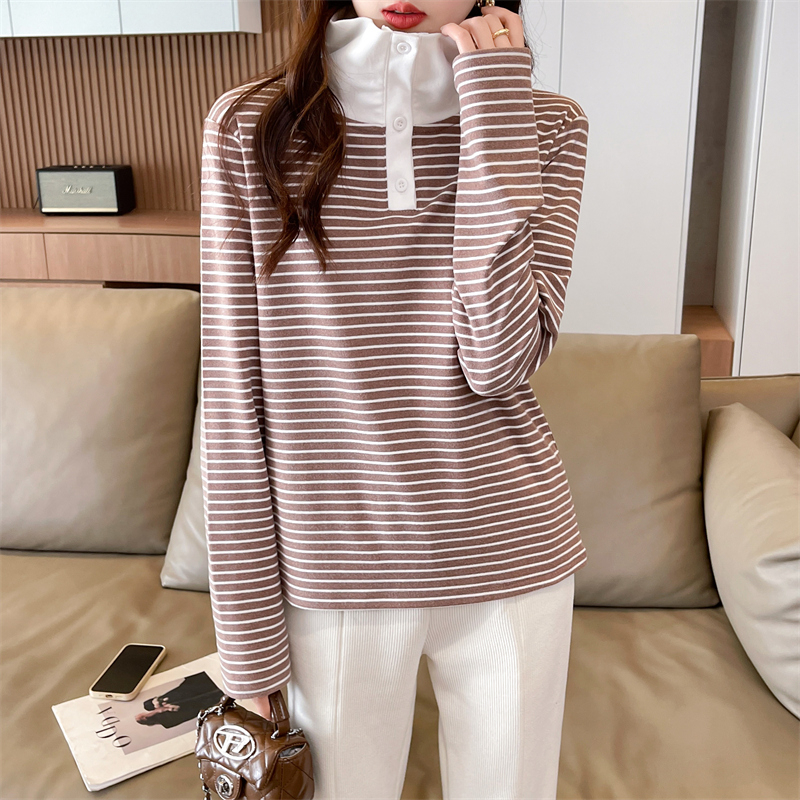 Actual shot of new autumn and winter loose 280g German velvet striped POLO collar warm splicing long-sleeved bottoming shirt T-shirt for women