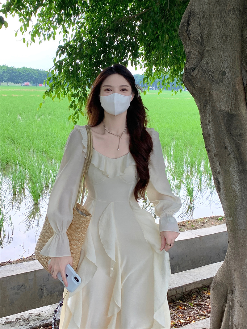 實拍時尚百搭韓系溫柔風長裙秋季純欲荷葉邊拼接鏈條喇