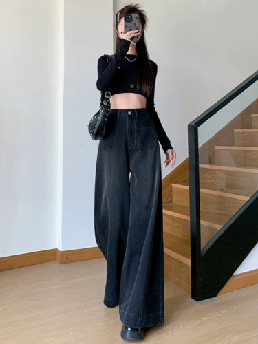 Washed black and gray wide-leg jeans for women in autumn, high-waisted loose swing pants, high street design floor-length pants