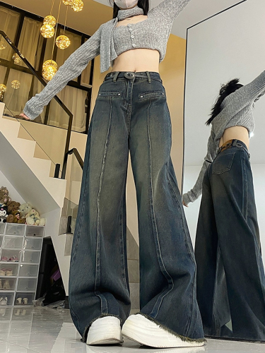 Retro American jeans women's autumn and winter new Korean style loose and slim high-waisted straight wide-leg floor mopping pants