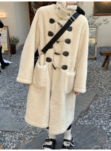Horn Button Lamb Wool Coat Women's  Autumn and Winter New Korean Style Mid-Length Plush Coat