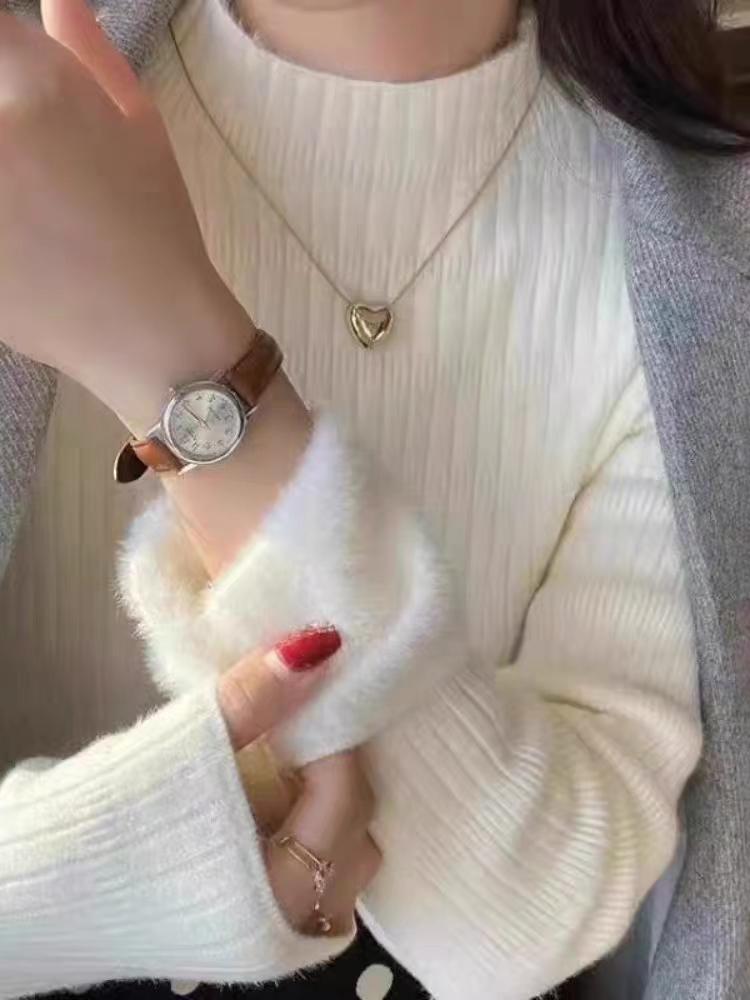 秋冬打底加絨毛衣女打底衫半高領加厚保暖內搭高級感針織白色上衣