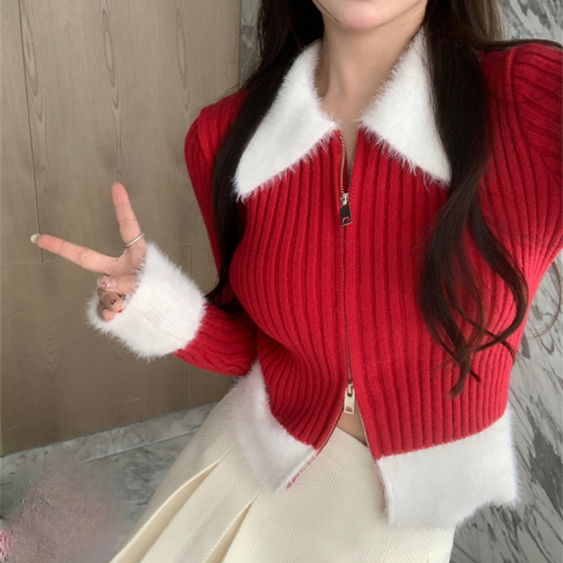 French gentle style splicing double zipper sweater cardigan for women autumn and winter slim outer wear short sweater long-sleeved top