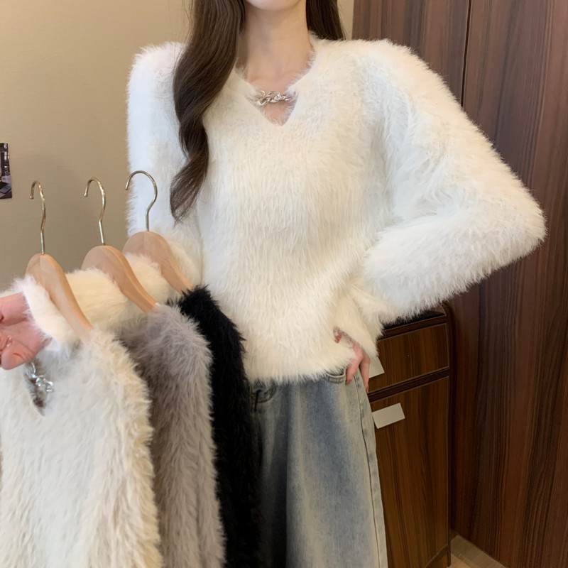 實拍 秋冬新韓版設計感V領鏈條仿水貂寬鬆慵懶軟糯百搭毛衣