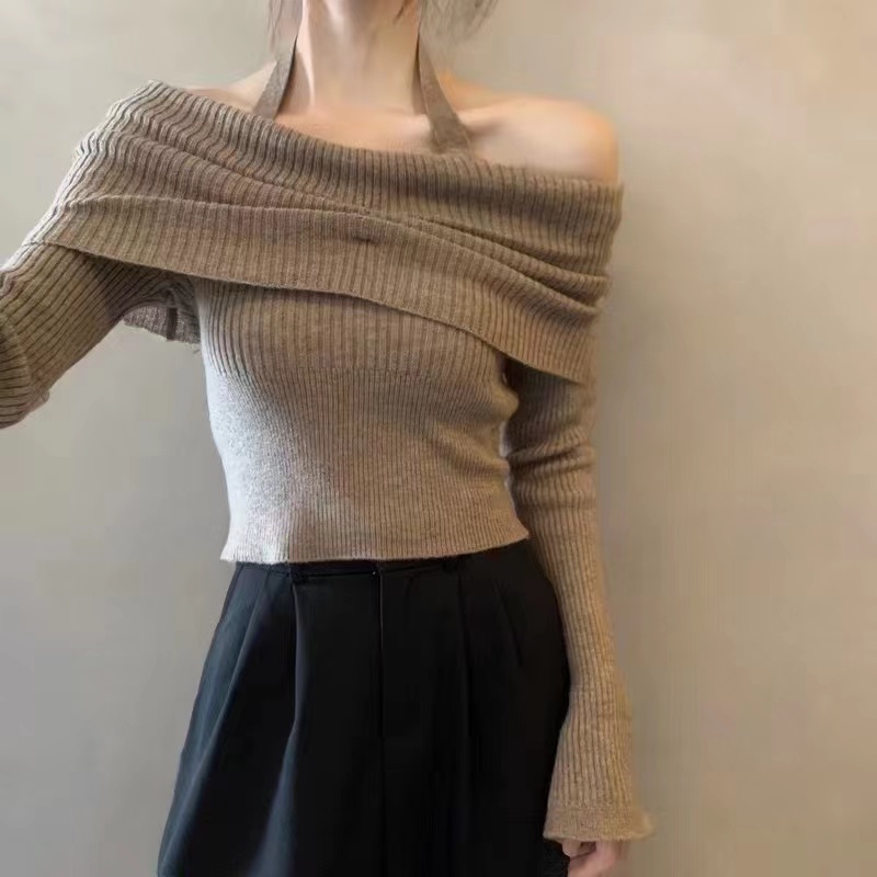 Pure Desire Autumn Slim One Shoulder Retro Halter Knitted T-Shirt New Long Sleeve Top Female Hot Girl Design