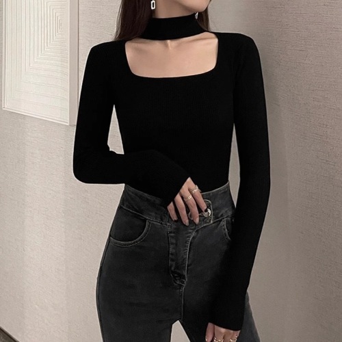 Square-neck sweater bottoming shirt for women with fur inner layer, autumn and winter new style foreign style French atmosphere exposed clavicle halter neck top