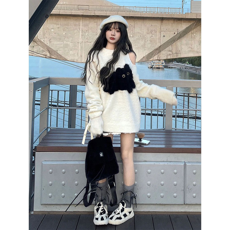 奶fufu露肩小貓毛衣女2023秋冬小眾設計感寬鬆慵懶風針織衫上衣潮