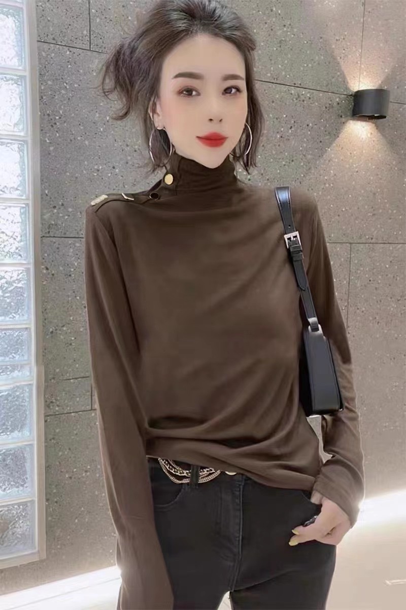 加絨長袖t恤女秋冬時髦洋氣半高領修身打底衫磨毛內搭上衣