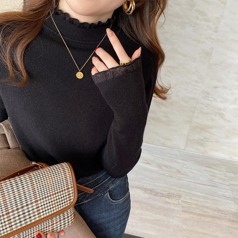 蕾絲花邊半高領打底衫女2023秋冬新款洋氣純色打底修身針織衫