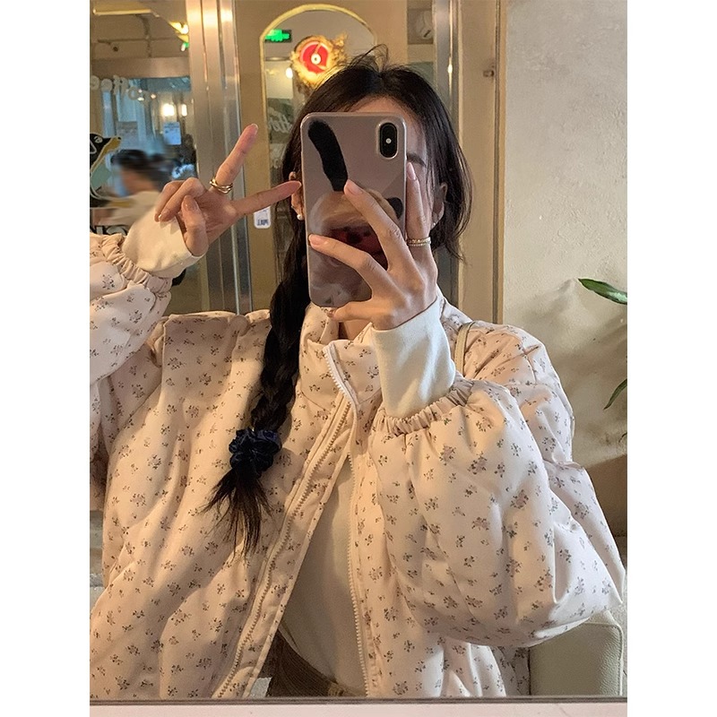 余小晴田園小碎花90白鴨絨短款羽絨服2023冬季新款韓系顯瘦外套女