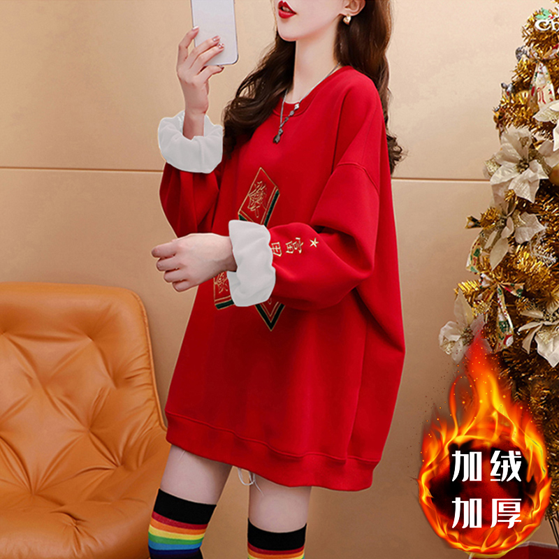 網紅新款新年衣服 秋冬季華棉加絨加厚中長款寬鬆衛衣女