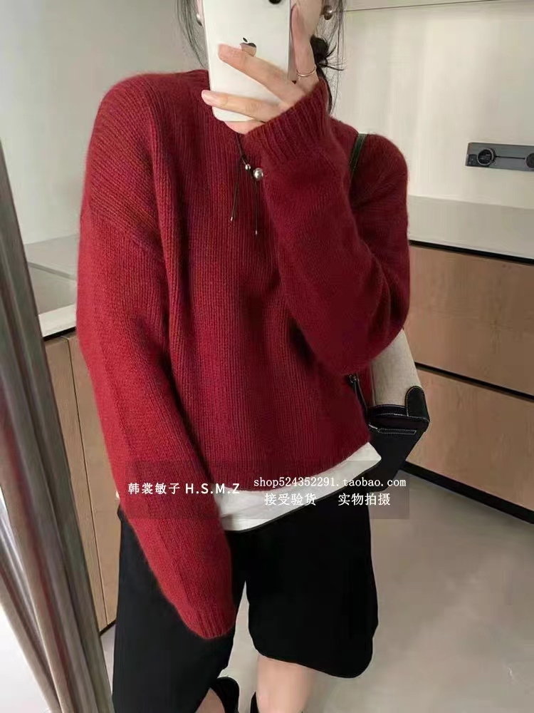 韓國貨2023秋季新款 舒適親膚紅色軟軟糯糯羊毛羊絨毛衣女
