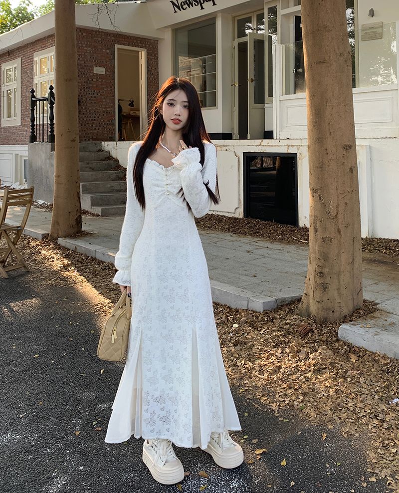 Real shot long-sleeved brushed lapel waist dress 2023 autumn and winter new slim lace dress