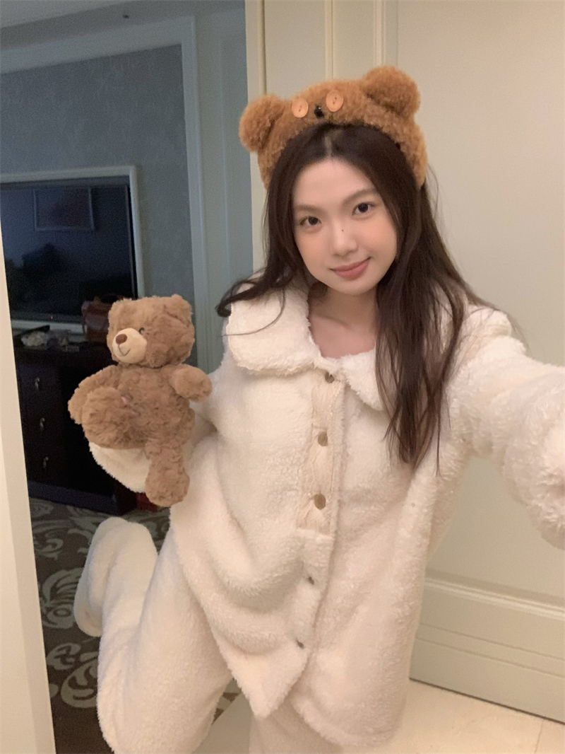 實拍~冬日暖絨絨花邊保暖加厚毛絨上衣長褲睡衣套裝家居服