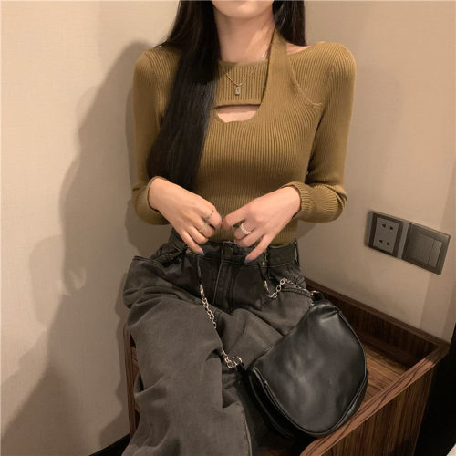 Real shot of design niche hollow halter neck long-sleeved knitted bottoming shirt fake two-piece T-shirt top for women