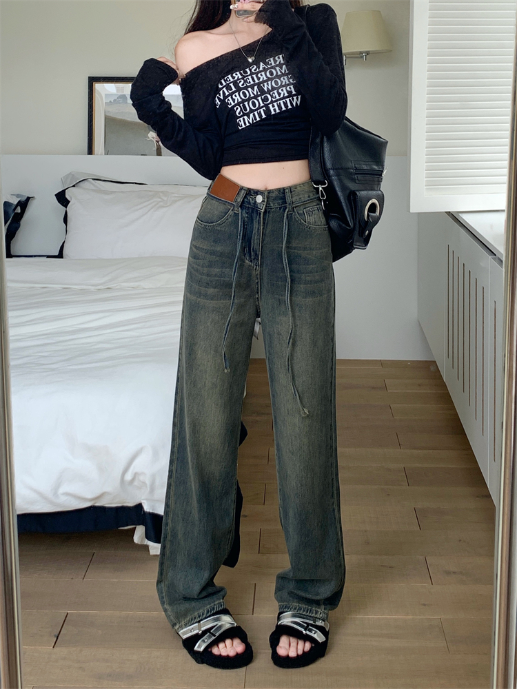 Actual shot ~ American retro drawstring distressed jeans for women, high-waisted, loose, straight, wide-leg floor mopping pants
