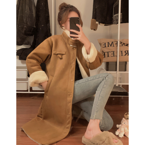 7766 real shot winter loose thickened long motorcycle suit lamb wool one-piece fur eco-friendly coat coat for women