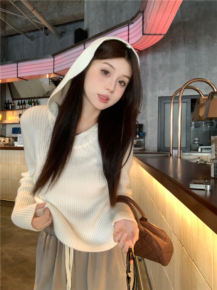 實拍~秋冬新款慵懶風毛衣女短款打底連帽毛織上衣+垂感拖地褲