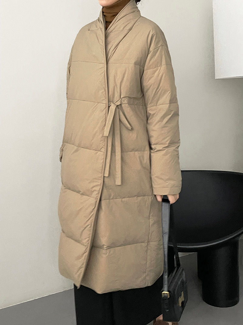 實拍~90白鴨絨！小眾設計款中長羽絨服女系帶收腰顯瘦外套