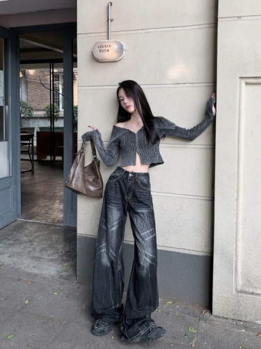 Actual shot #New high-waisted denim trousers for women, designed with washed craftsmanship, loose wide-leg floor-length trousers