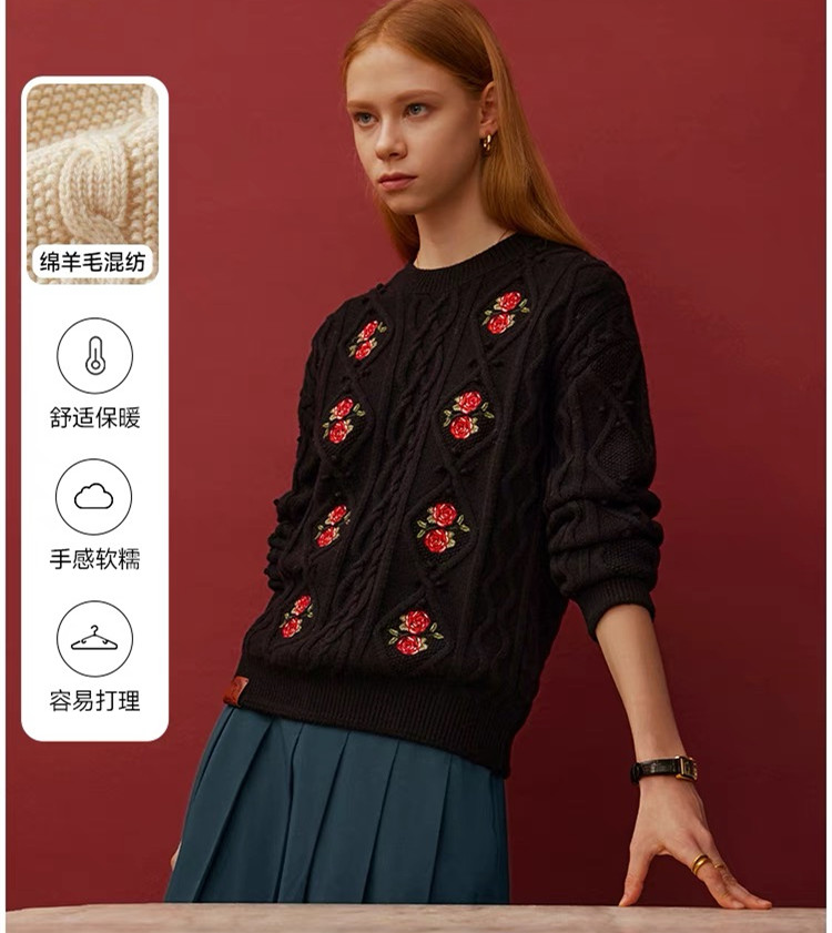 小熊2023秋冬新款綿羊毛混紡可愛立體球球花朵毛衣女