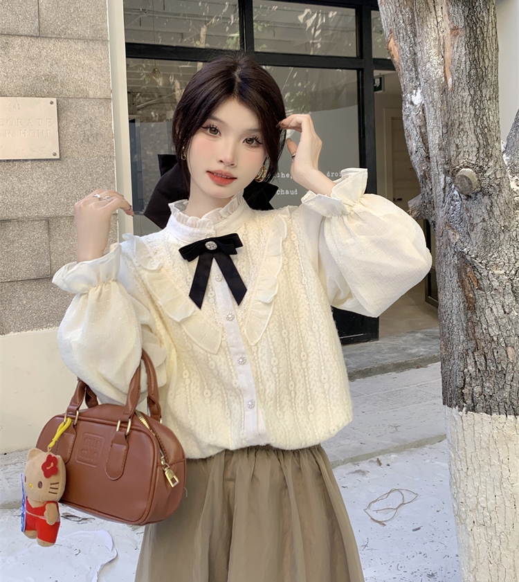 實拍 秋新款小香風蝴蝶結蕾絲長袖襯衫女木耳邊立領襯衣上衣