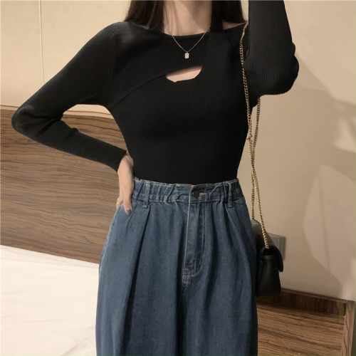 Real shot of design niche hollow halter neck long-sleeved knitted bottoming shirt fake two-piece T-shirt top for women