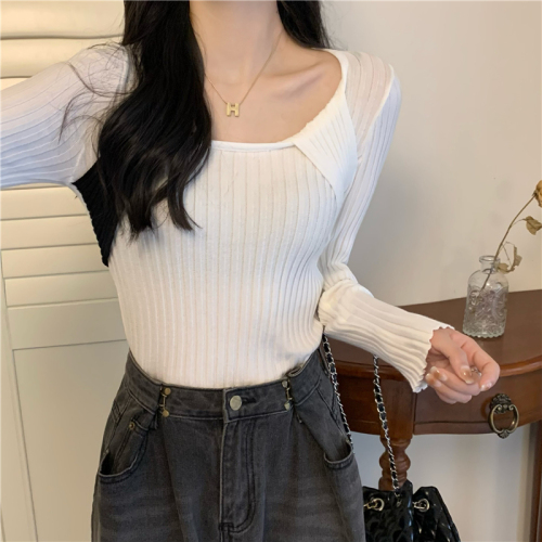 Actual shot of chic splicing pit strips slimming square neck long-sleeved knitted bottoming shirt with T-shirt top for women