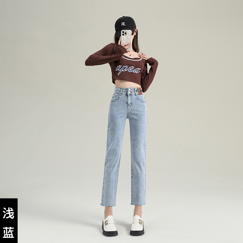 實拍2023秋季時尚潮流高腰彈力煙管褲牛仔褲女