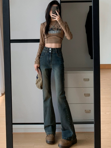 Retro cement gray micro-flared jeans for women in spring and autumn new high-waisted slim fit stretch floor-length horse hoof pants
