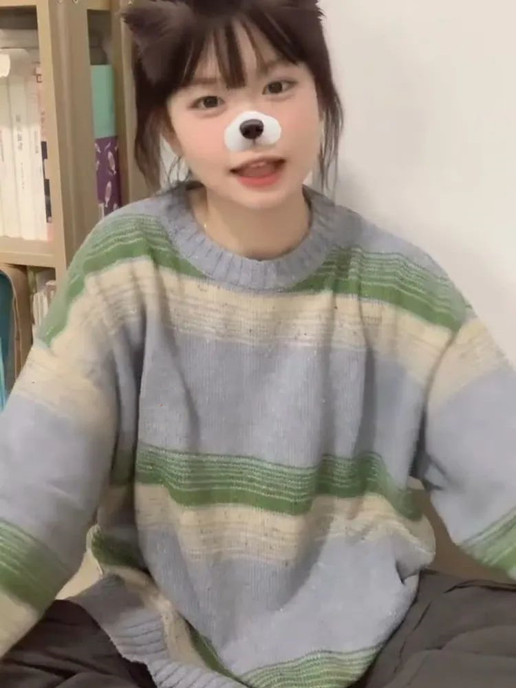 美式學院風設計撞色條紋針織衫漸變色外搭女軟糯百搭甜妹