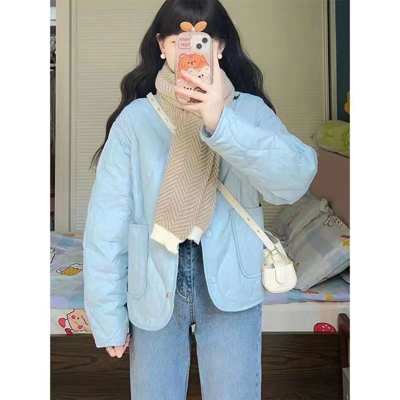 秋冬新款韓版立領藍色短款羽絨棉服女小個子百搭顯瘦麵包服外套潮