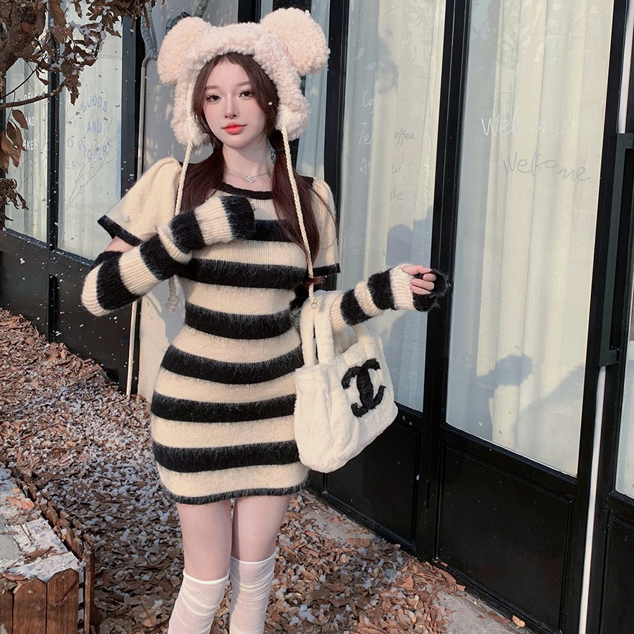 Pure lust-style striped imitation mink dress for women in autumn and winter slim-fitting bottoming knitted sweater dress sexy hip-hugging short skirt