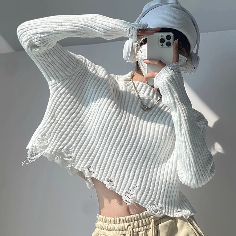天貓品質新款高腰套頭毛衣打底衫美拉德穿搭破洞裝飾短款針織衫女