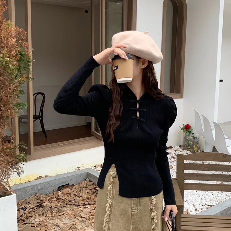 品質 新中式國風盤扣泡泡袖毛針織打底衫女修身秋冬季上衣