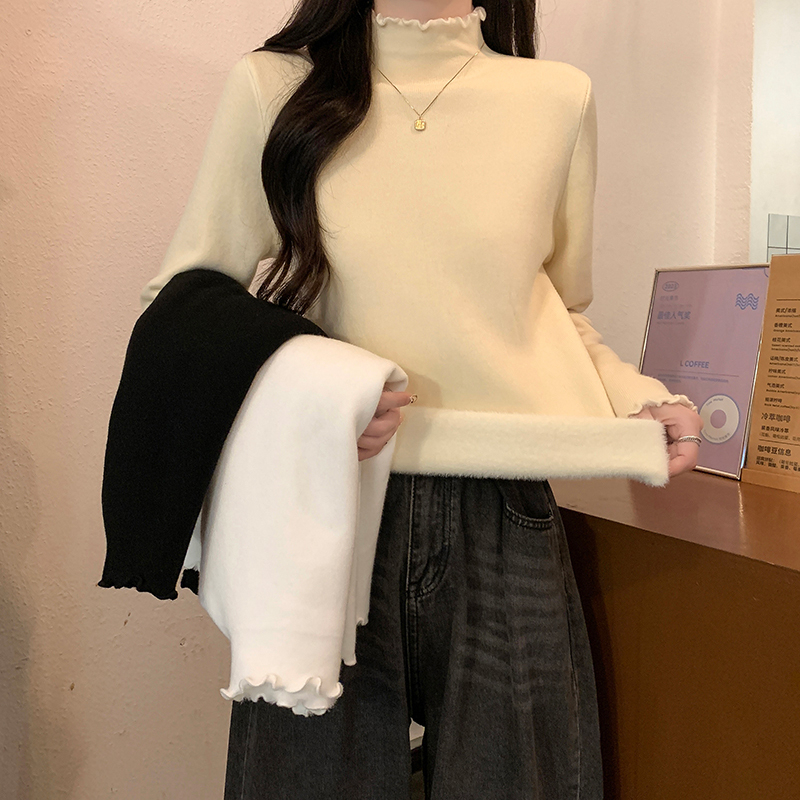 Actual shot of autumn and winter Korean style 12-needle one-piece velvet slim-fitting half turtleneck long-sleeved plus velvet warm knitted sweater for women