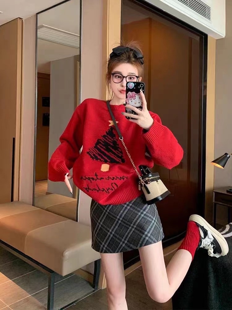 加厚紅色圓領毛衣女秋冬設計感小眾高級感軟糯打底內搭聖誕針織衫
