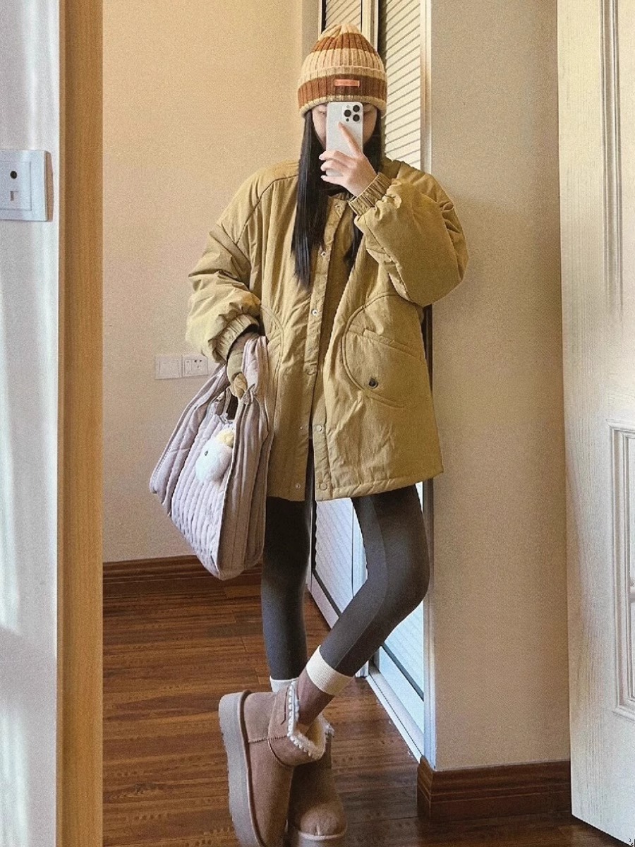 日系慵懶風秋冬季新款棉服外套女中長款簡約百搭寬鬆加厚圓領棉衣